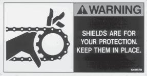 The types of decals and locations on the equipment are shown in the illustration below.