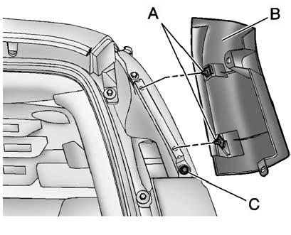 Remove the two inboard nuts from the inside of the taillamp assembly. 2. The third nut (C) is under the applique piece (B) above the lamp. Remove the two inboard applique nuts.