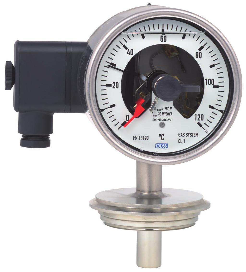 Temperature Gas-actuated thermometer with switch contacts For sanitary applications, stainless steel version Model 74 WIKA data sheet TV 27.