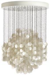 Ø56 cm (22.1 ) / H: 110 cm (43.3") Hanging lamp with one cluster of mother of pearl discs. Attached by chains of small metal rings. White wooden ceiling plate (incl.