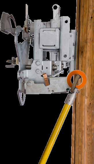 Operation To Lock Open: With the switch in the open position, use an insulated hookstick and prong to pull the orange hookstick tab down revealing the