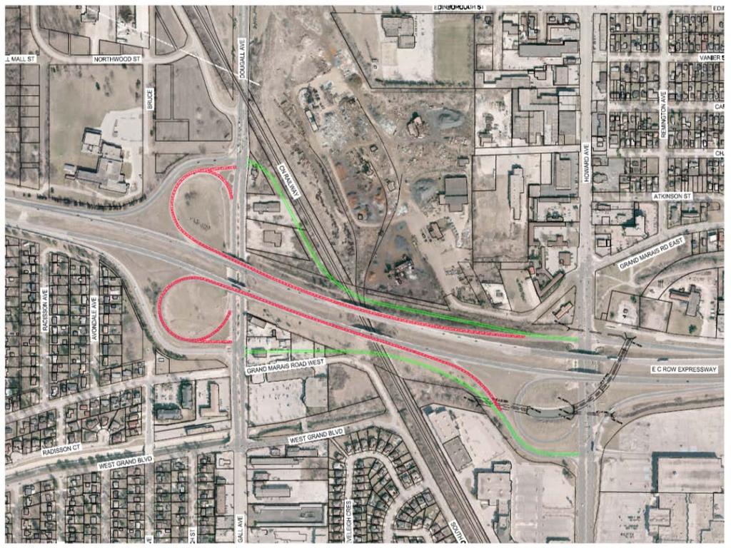 Page 11 of 29 Legend: New East-West Service Roads To Be Removed Figure 7 Combined Interchange (Dougall Avenue & Howard Avenue) The purpose of this alternative is to eliminate the short weaving