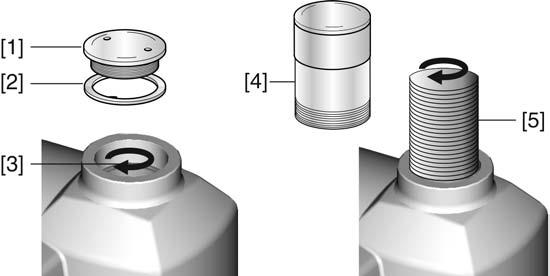 Without the indicator disc: Unscrew threaded plug [1] and seal [2] or stem protection tube [4] and observe direction of rotation at hollow shaft [3] or the stem [5].