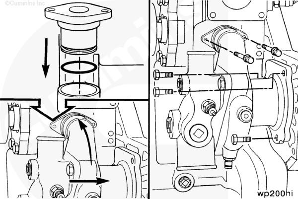 Install the bearing from the front side of the gear housing until the bearing is flush with the front edge of the housing bore. Install the water pump cover. Use a new o-ring seal.