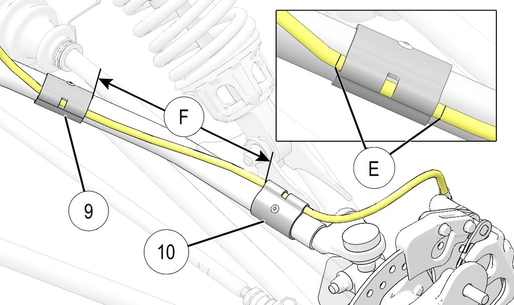 Adjust brake line as required to achieve the following: a. Ensure alignment marks (E) are equally visible on each side of clip as shown.
