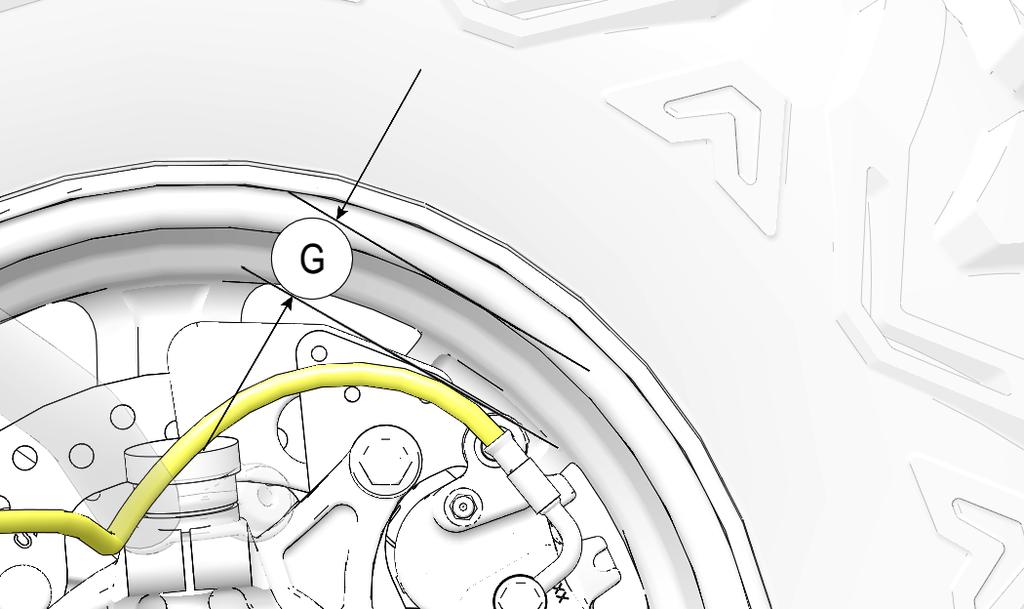 There should be a 1/2 inch (13 mm) minimum gap (G) between brake line and wheel as shown. 8. Torque all fasteners to specification.