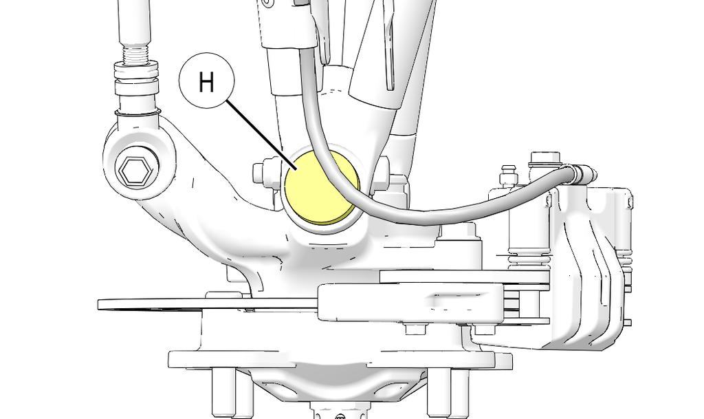 Ensure brake line lays flat on top of ball joint (H) as shown. WARNING Locking agent on old fasteners was destroyed during removal. DO NOT reuse old fasteners.
