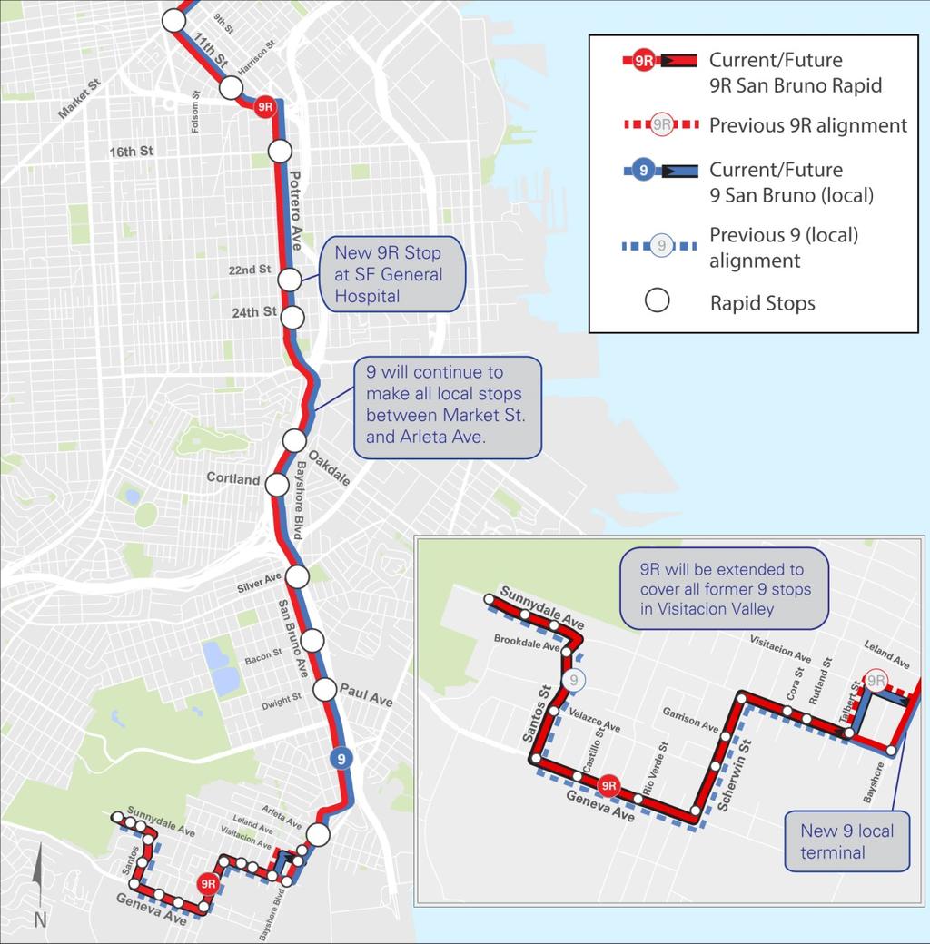 9R SAN BRUNO RAPID EXPANSION Quicker trips to the Mission and Downtown» The 9R will be extended to cover all existing 9 local stops in