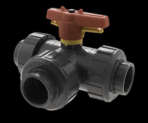 3-WAY TRUE UNION BALL VALVES Material: Grade 1 PVC/PP/PVDF O-Rings: EPDM Ball Seats: Teflon Pressure Rating: 232 PSI -1/2" - 1" 150 PSI -1 1/2"-2" Design: Schedule 80 FEATURES: Handle with locking