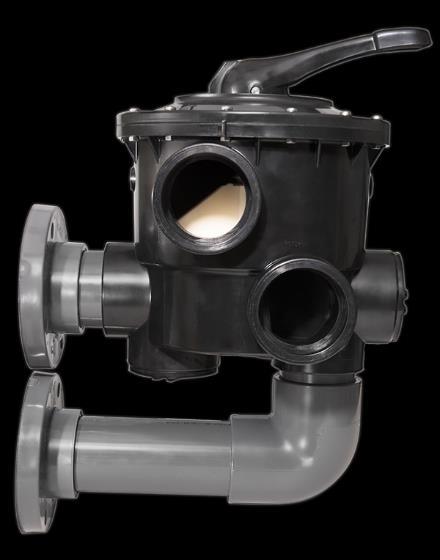 SIDE MOUNT MULTIPORT VALVES Size: 1/2",2" and 3" Material: High impact ABS (white or black). Option: Glass filled NORYL for high pressure applications (75 PSI. operating pressure).