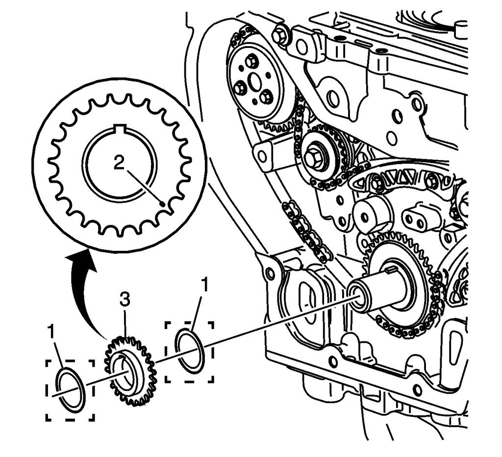 Note: Ecotec 4 cylinder engines with SIDI-Direct Injection, the lower timing chain crank gear may be equipped with a second spacing washer installed in front of the lower timing chain crank gear.