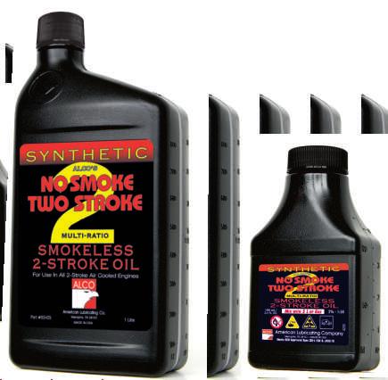 ALCO s SYNTHETIC NO SMOKE TWO STROKE 1 Litre PART #03425 ALCO'S SYNTHETIC NO SMOKE TWO STROKE OIL is a premium synthetic air cooled two stroke oil which represents the newest generation in small