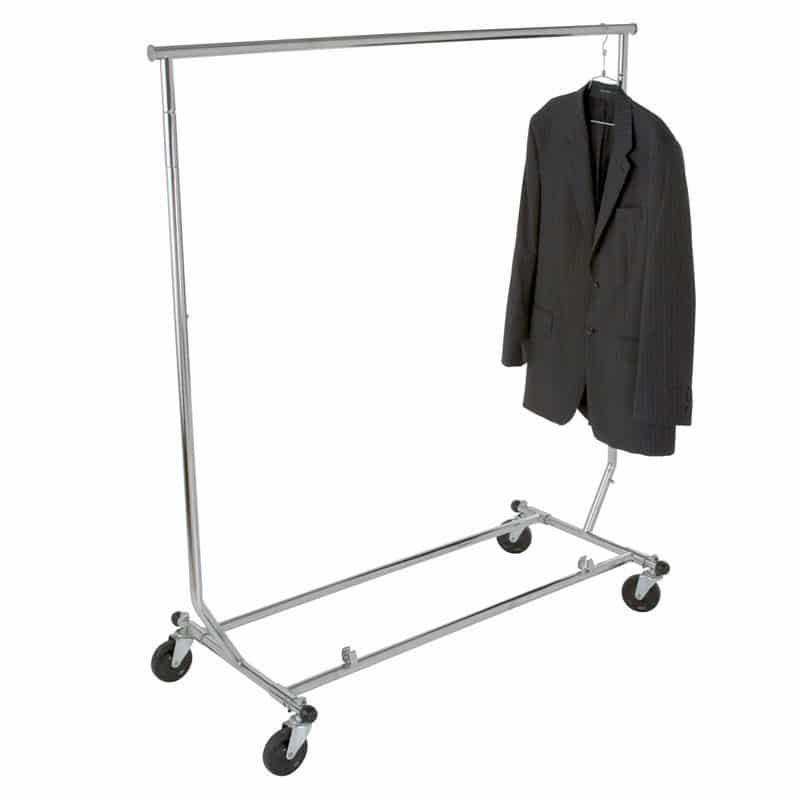 79 (FI-1003) Two-way racks have heavy duty 15 x 12 base, single upright of 1 x 2 rectangular tubing. 2-slanted waterfall arms in square tubing.