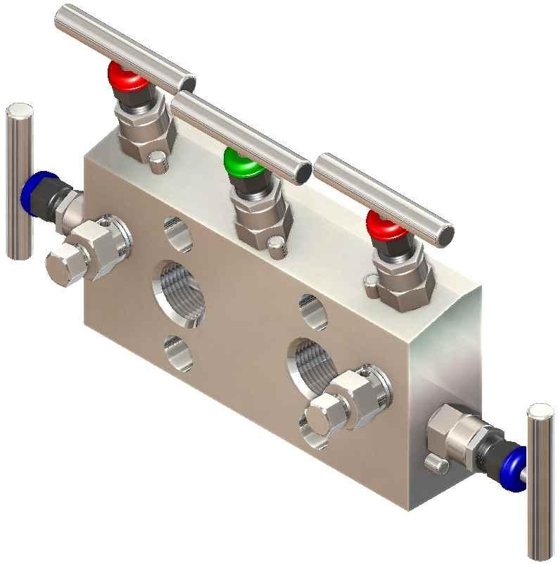 L5/B 5 Way Direct Mount Manifold with Top Mounted Taps, Front Entry Process Connections The L5/B manifold is designed to mount directly to standard differential pressure transmitters.