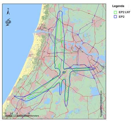 Figure 21: 50dB(A) LDEN footprint on Amsterdam Airport Schiphol based on OPENAIR virtual platforms equipped without (EP2) and with OPENAIR best low noise technologies package (EP2 LNT) These results