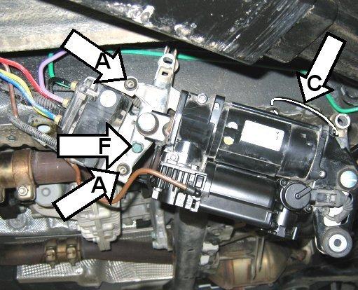 mechanics wire -arrow C- Hand start bolt -arrow F- and bolts arrows -A- to secure air supply unit bracket to valve block bracket