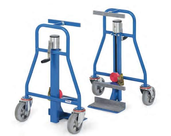 Steel tubular construction, powder coated blue RAL 5007. Winch with manual crank arm. Crank protected by a C-profile.