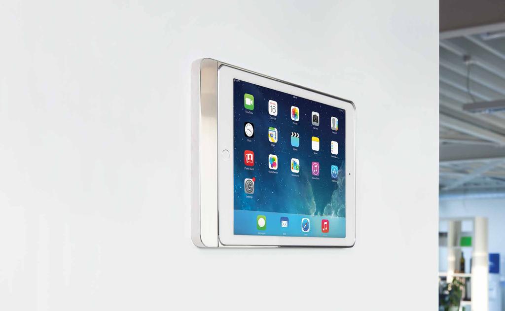 is an elegant and refined on-wall mounting frame for the complete ipad family and ipod touch.
