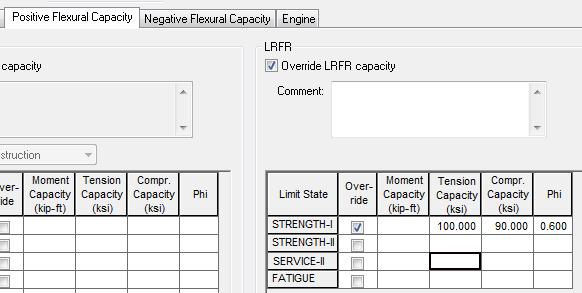 Check the Override LRFR capacity for Positive Flexural Capacity and input the values as shown below.