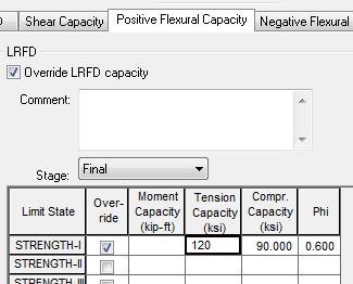 Check the Override LRFD capacity for Positive Flexural Capacity and input the values as shown below.