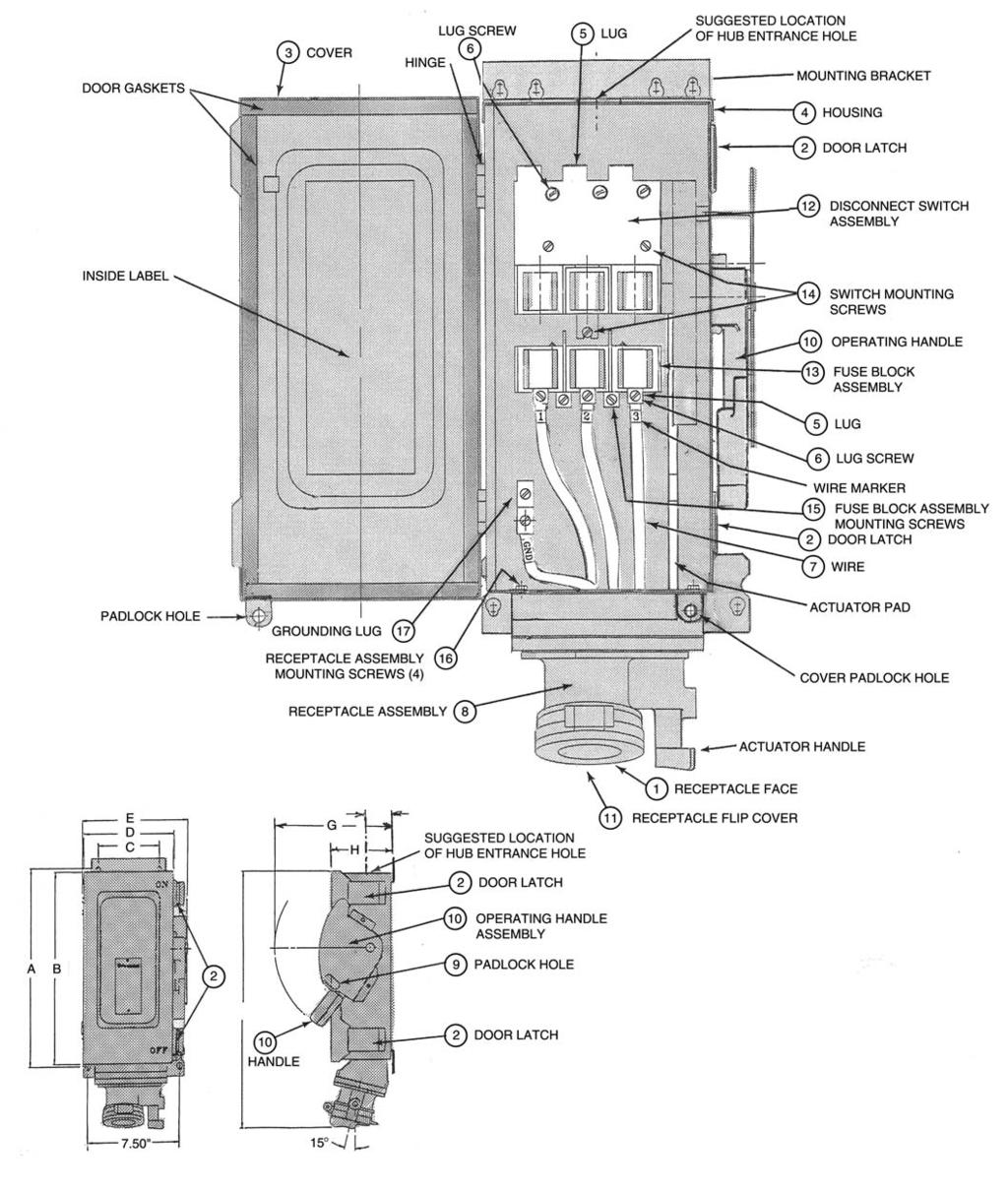 DIMENSIONS: WSRD INTERLOCKED RECEPTACLE FIGURE C (ASSEMBLY VIEW WITH COVER OPEN) Unit shown is Catalog Number WSRD6352SQ (NEMA 12 Version) Dimension in Inches