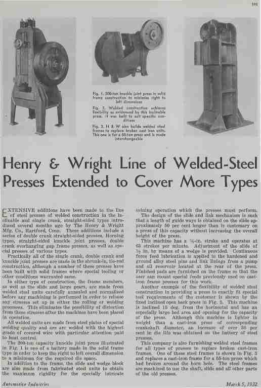 393 Fig. I. 200-ton knuckle joint press in solid frame construction to minimize right to left dimensions Fig. 2, Welded construction achieves flexibility as evidenced by this inclinable press.