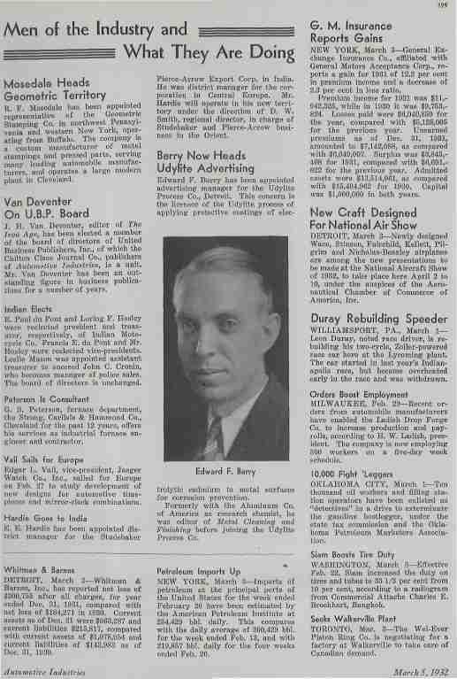 Automotive Industrie March 5, 1932 Men of the Industry and What They Are Doing Mosedale Heads Geometric Territory R P Mosedale has been appointed representative of the Geometric Stamping Co.