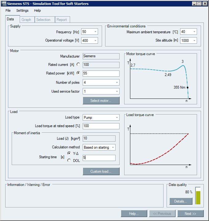 Description 1.7 Selection of the soft starter using the Simulation Tool for Soft Starters 1.