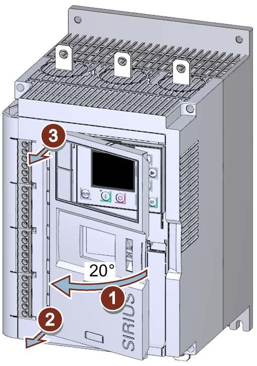 Mounting and dismantling 3.4 Installing / mounting / removing 3RW5 HMI High Feature 3.4.5 Replacing the hinged cover of the 3RW55 soft starter Requirements Optional accessories: Hinged cover without cutout Procedure NOTICE Damage to the HMI display.