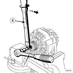 STARTING - CHARGING Alternator pulley: Removal - Refitting 16A K4M 119770 a Immobilise the alternator rotor using the spanner (7). a Torque tighten the alternator pulley (80 N.