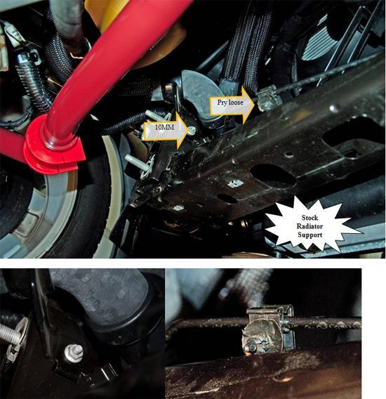 4. The ac and brake lines are connected to the stock radiator support with plastic push pins. Use your flat head screwdriver to pry those loose from the support.