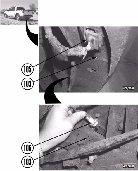 Remove three bolts (98) and fuel filler (99) from plastic surround (100) and bed (101). 8. Rear bumper.