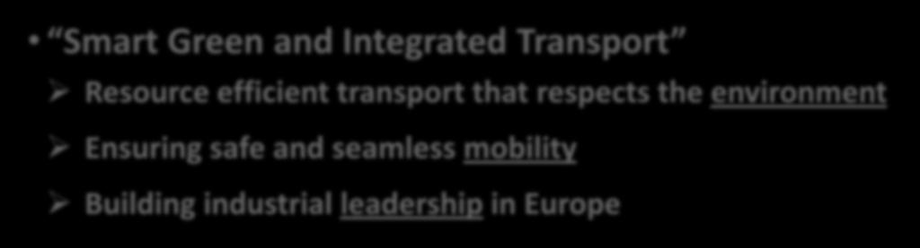 Addressing the H2020 (societal) Challenges Smart Green and Integrated Transport Resource efficient transport that respects the environment Ensuring safe and seamless mobility Building industrial
