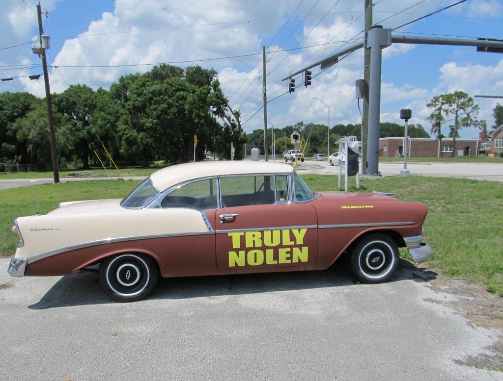 1956 TWO-TEN USED AS ADVERTISEMENT BY JOHN MAHONEY While driving home to Ocala from the Orange Blossom Region of the AACA picnic in Lakeland, Florida, I came upon this 1956 Two-Ten sport coupe parked