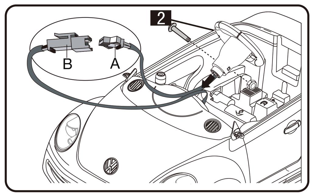14 Attach the Steering Wheel 1. Remove the screw and nut from the steering wheel assembly before attaching. 2. Plug the black steering wheel connector (A) into the black dashboard connector (B). 3.