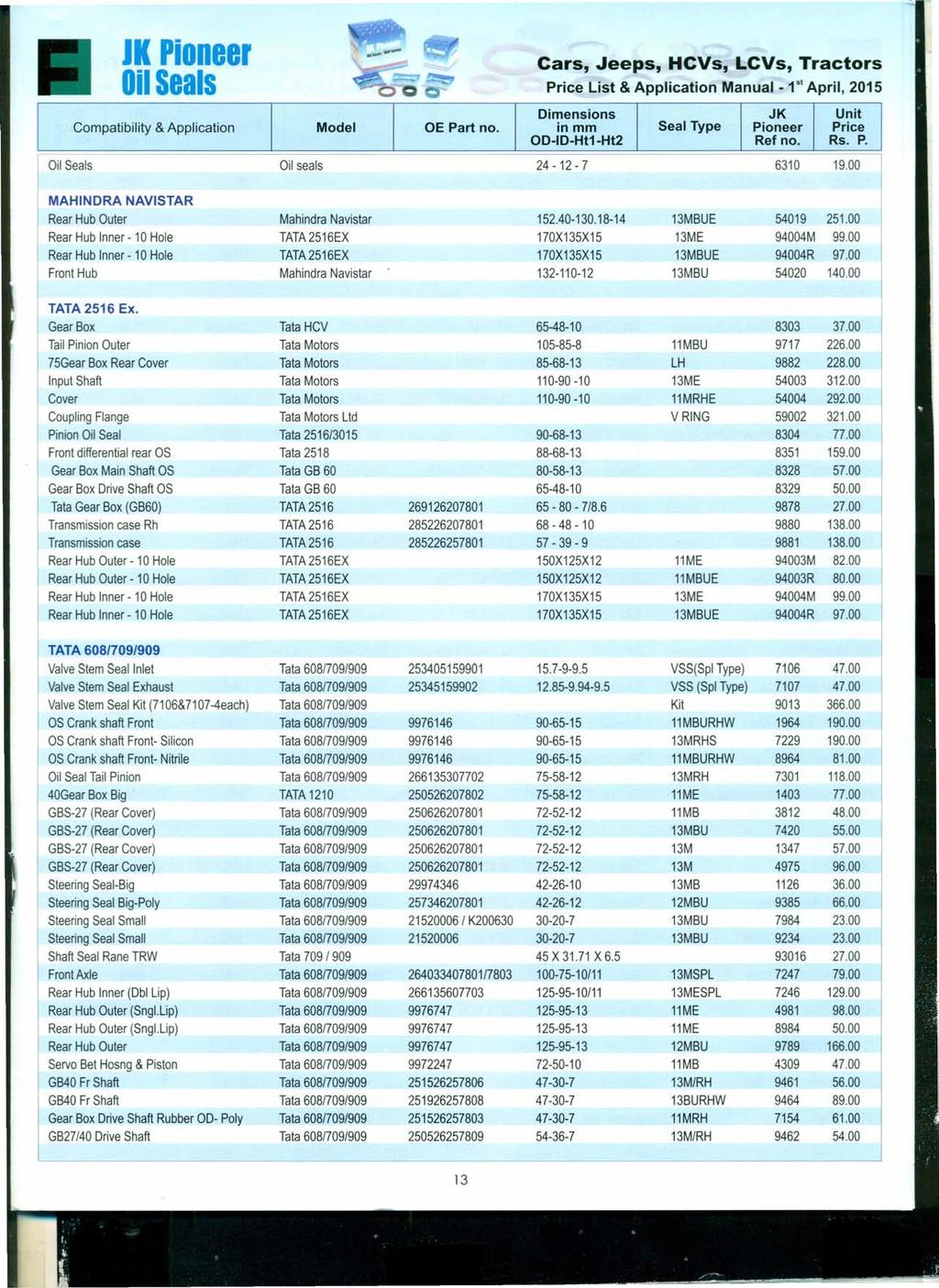 IK Pioneer... ""... Price List & Application Manual - f" April, 2015 Oil seals 24-12 - 7 6310 19.00 MAHINDRA NAVISTAR Rear Hub Outer Mahindra Navistar 152.40-130.18-14 13MBUE 54019 251.