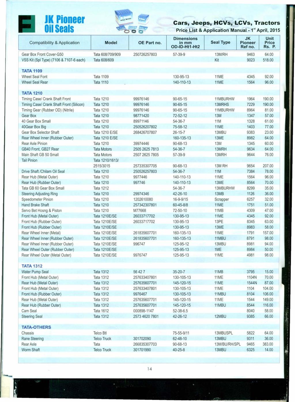 IK Pioneer...--,..- Price List & Application Manual _1 st April, 2015 Gear Box Front Cover-G50 Tata 608/709/909 250726257803 57-39-9 13M/RH 9463 64.