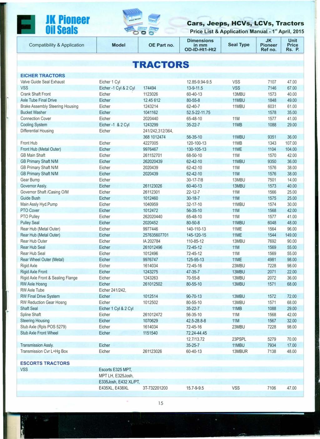 EICHER IK Pioneer Price List & Application Manual - 1 s, April, 2015 TRACTORS TRACTORS Valve Guide Seal Exhaust Eicher 1 Cyl 12.85-9.94 9.5 VSS 7107 47.00 VSS Eicher 1 Cyl & 2 Cyl 174494 13-9 11.