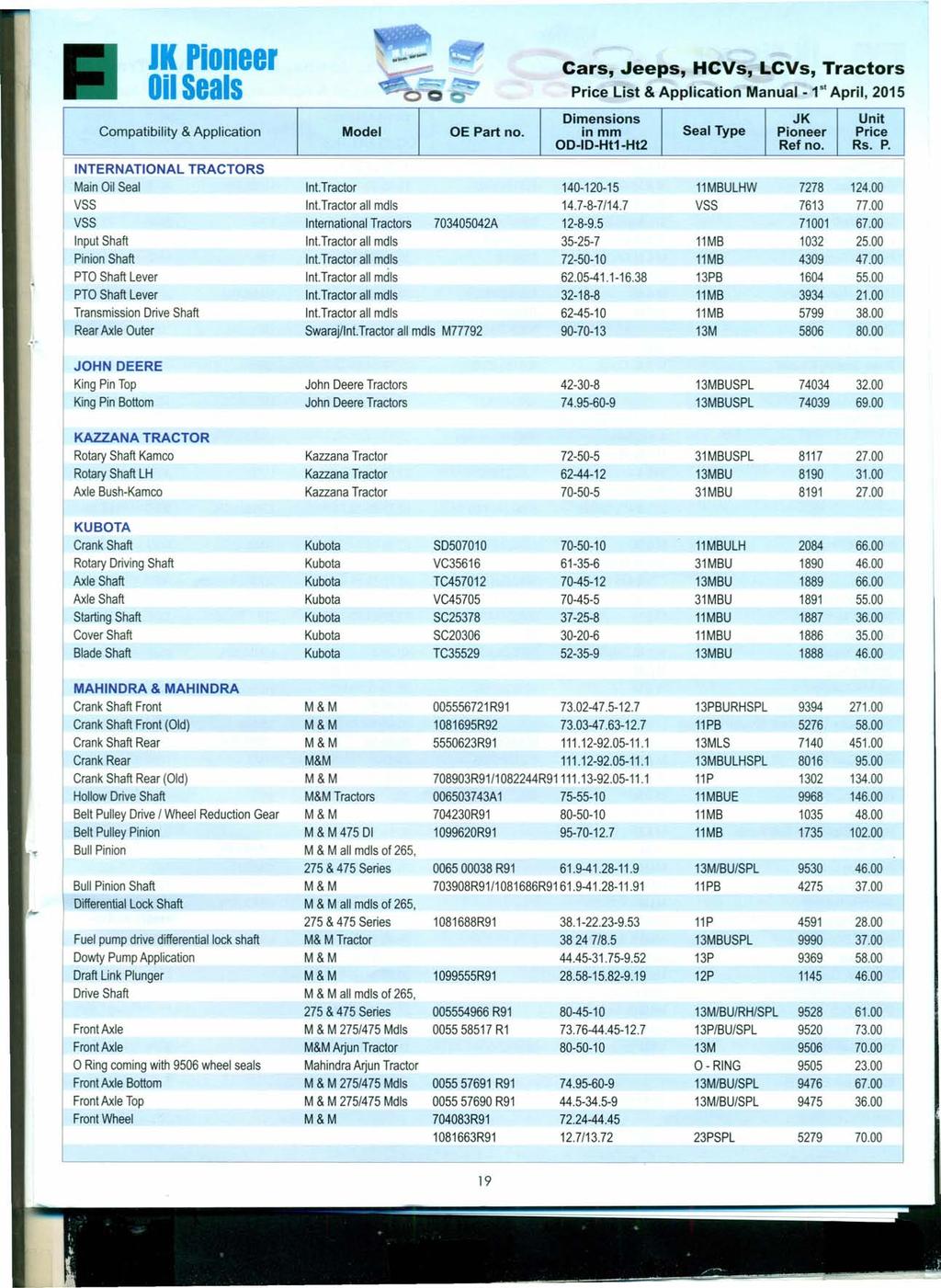 JK Pioneer OilSeals 51 o-o"'cr-~ Price List & Application Manual - 1 April,2015 INTERNATIONAL TRACTORS Main Oil Seal Int.Tractor 140-120-15 11MBULHW 7278 124.00 VSS Int.Tractor all mdls 14.7-8-7/14.