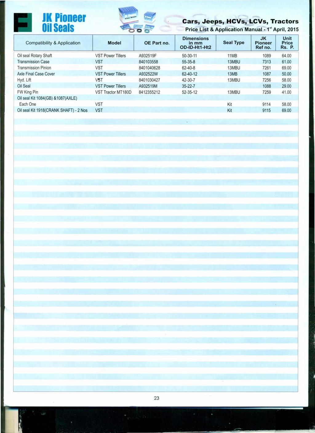 IK Pioneer Price List & Aoolication Manual - 1st Aoril. 2015 Oil seal Rotary Shaft VST Power Tillers A932519F 50-30-11 11MB 1089 64.00 Transmission Case VST 840103558 55-35-8 13MBU 7313 61.