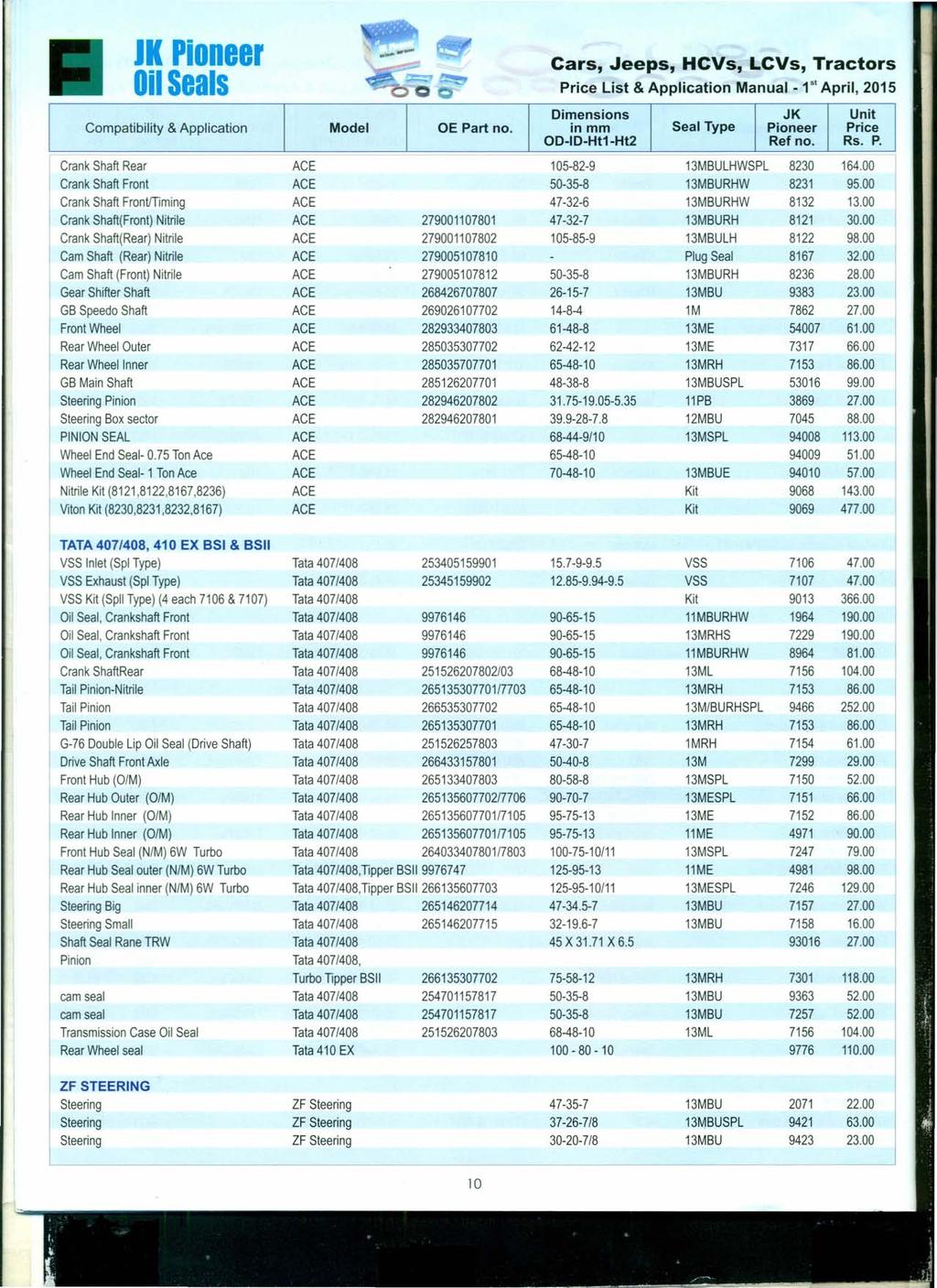 IK Pioneer...--- OilSeals Price List & Application Manual - t" April, 2015,---- Crank Shaft Rear ACE 105-82-9 13MBULHWSPL 8230 164.00 Crank Shaft Front ACE 50-35-8 13MBURHW 8231 95.