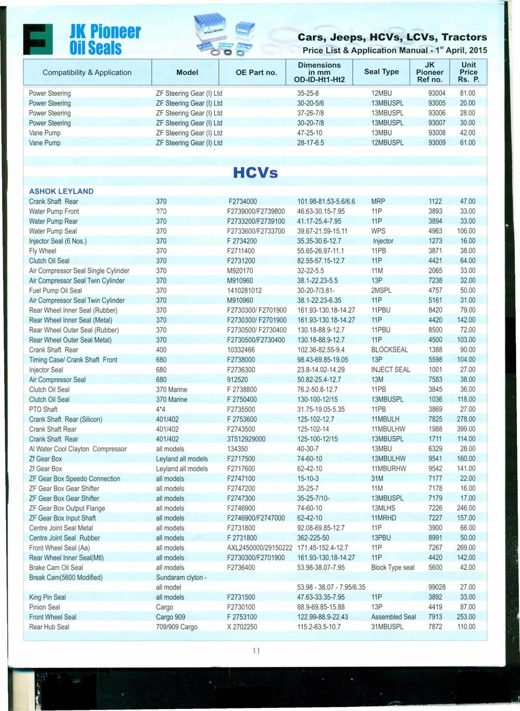 IK Pioneer OilSeals...-... Price List & Application Manual - t" April, 2015 Power Steering ZF Steering Gear (I) Ud 35-25-8 12MBU 93004 81.