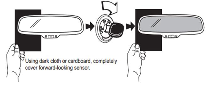 Forward-Looking Sensor 1- Cover sensor (Black tape OK) 2- Key On 3- Mirror dims / darkens Perform the following voltage tests on BOTH exterior mirror harness