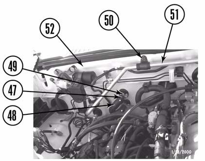 8. Install a/c hose (51) on the firewall (52) with two bolts (50). 9. Install two heater hoses (48) on the heater core (49) and tighten two clamps (47). 10. Install the brake line and vacuum lines. a. Refer to the diagram from step A.