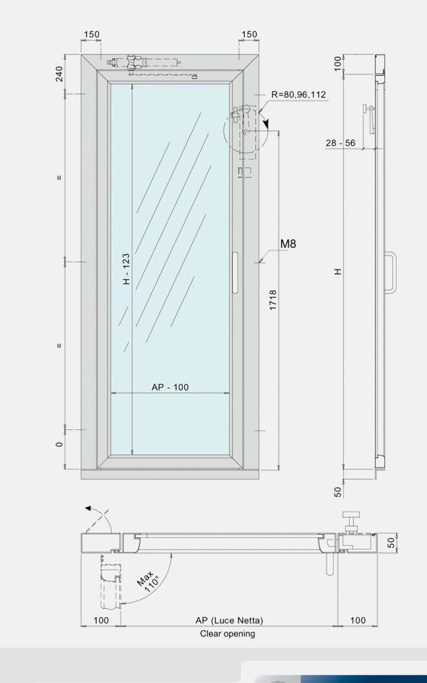 Applications Cabin and landing doors Hinged doors The hinged aluminum door has the same finishes of the aluminum shaft. The door height is 2000 mm (2100 mm version available as option).