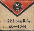 22 LONG RIFLE (HIGH VELOCITY-HOLLOW POINT). "CADMIUM PLATED" Red and white box with white and black printing. One-piece box with end flaps.