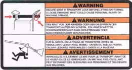 Safety Information Ref. Label Meaning E CAUTION! Lifting point F! Secure mast in transport lock before lifting or towing.