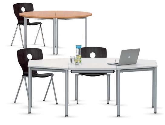 With functional gap between table top and frame to accept accessories and adapters. The system consists of basic and add-on tables as well as hanging leaves.