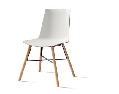 Café and meeting chair wood 6605: Beech or oak legs, steel cross frame, plastic glides. Seat shell in polypropylene (monochrome or two-tone).