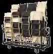 Chairs are secured to the cart with a sliding chair restraint that secures 1-5 chairs in each stack.